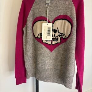 A Autumn Cashmere Kids Skull Heart Intarsia Sweater Gray Pink Size 10